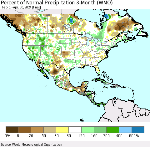 North America Percent of Normal Precipitation 3-Month (WMO) Thematic Map For 2/1/2024 - 4/30/2024