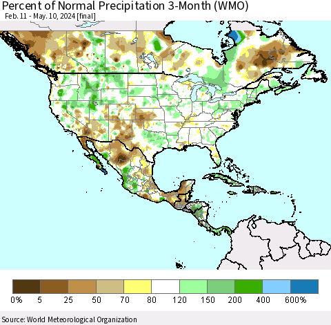 North America Percent of Normal Precipitation 3-Month (WMO) Thematic Map For 2/11/2024 - 5/10/2024