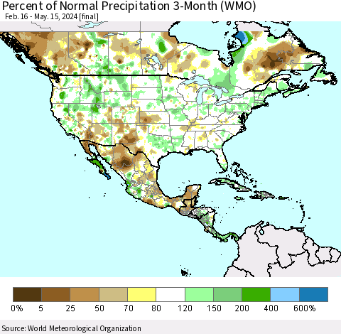 North America Percent of Normal Precipitation 3-Month (WMO) Thematic Map For 2/16/2024 - 5/15/2024