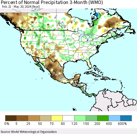 North America Percent of Normal Precipitation 3-Month (WMO) Thematic Map For 2/21/2024 - 5/20/2024