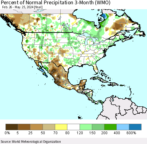 North America Percent of Normal Precipitation 3-Month (WMO) Thematic Map For 2/26/2024 - 5/25/2024