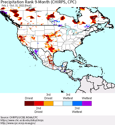 North America Precipitation Rank since 1981, 9-Month (CHIRPS) Thematic Map For 2/1/2022 - 10/31/2022