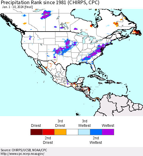 North America Precipitation Rank since 1981 (CHIRPS) Thematic Map For 1/1/2024 - 1/10/2024