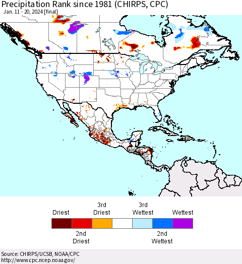 North America Precipitation Rank since 1981 (CHIRPS) Thematic Map For 1/11/2024 - 1/20/2024