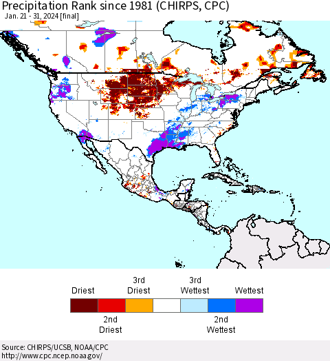 North America Precipitation Rank since 1981 (CHIRPS) Thematic Map For 1/21/2024 - 1/31/2024