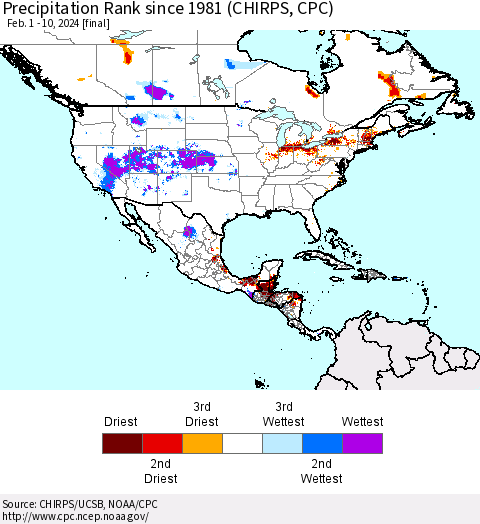 North America Precipitation Rank since 1981 (CHIRPS) Thematic Map For 2/1/2024 - 2/10/2024