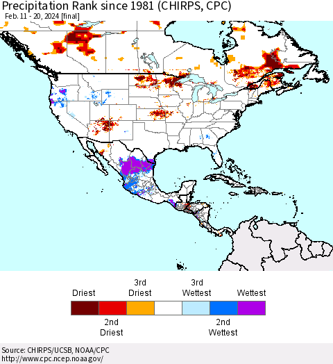 North America Precipitation Rank since 1981 (CHIRPS) Thematic Map For 2/11/2024 - 2/20/2024
