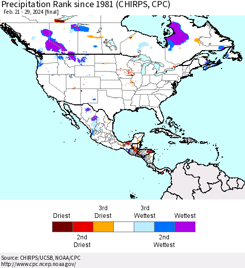 North America Precipitation Rank since 1981 (CHIRPS) Thematic Map For 2/21/2024 - 2/29/2024