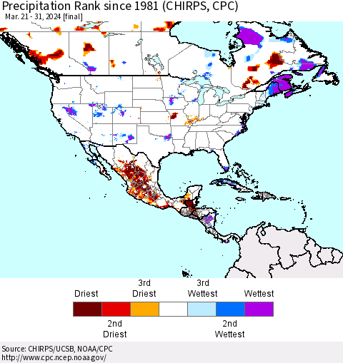 North America Precipitation Rank since 1981 (CHIRPS) Thematic Map For 3/21/2024 - 3/31/2024