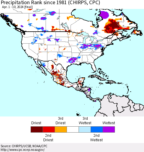 North America Precipitation Rank since 1981 (CHIRPS) Thematic Map For 4/1/2024 - 4/10/2024
