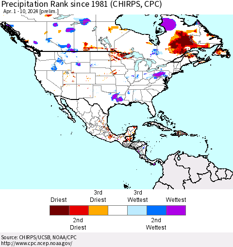North America Precipitation Rank since 1981 (CHIRPS) Thematic Map For 4/1/2024 - 4/10/2024