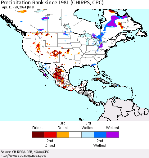 North America Precipitation Rank since 1981 (CHIRPS) Thematic Map For 4/11/2024 - 4/20/2024