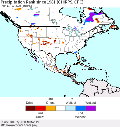 North America Precipitation Rank since 1981 (CHIRPS) Thematic Map For 4/11/2024 - 4/20/2024
