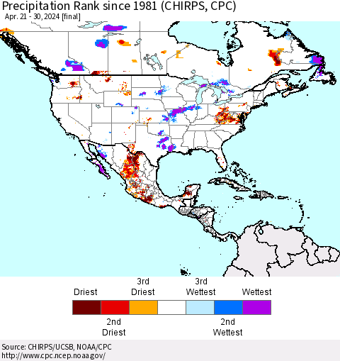 North America Precipitation Rank since 1981 (CHIRPS) Thematic Map For 4/21/2024 - 4/30/2024