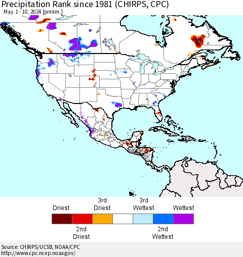 North America Precipitation Rank since 1981 (CHIRPS) Thematic Map For 5/1/2024 - 5/10/2024