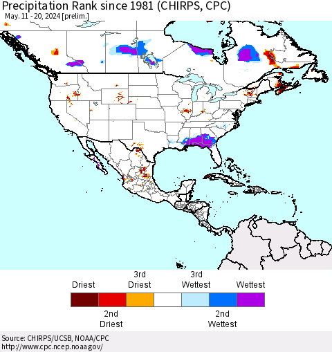 North America Precipitation Rank since 1981 (CHIRPS) Thematic Map For 5/11/2024 - 5/20/2024