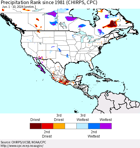 North America Precipitation Rank since 1981 (CHIRPS) Thematic Map For 6/1/2024 - 6/10/2024