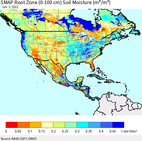 North America SMAP Root Zone (0-100 cm) Soil Moisture (m³/m³) Thematic Map For 1/1/2022 - 1/5/2022