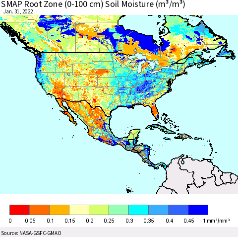 North America SMAP Root Zone (0-100 cm) Soil Moisture (m³/m³) Thematic Map For 1/26/2022 - 1/31/2022