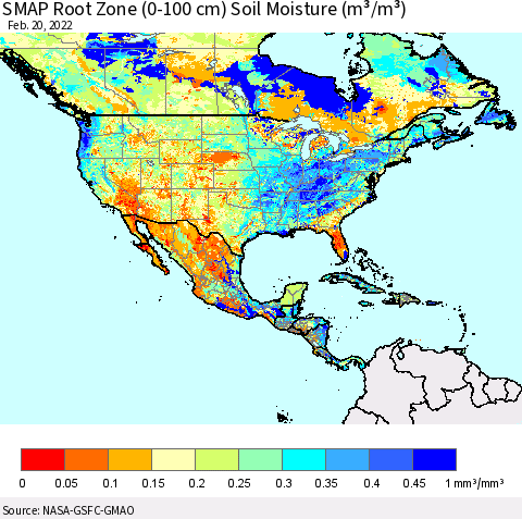 North America SMAP Root Zone (0-100 cm) Soil Moisture (m³/m³) Thematic Map For 2/16/2022 - 2/20/2022