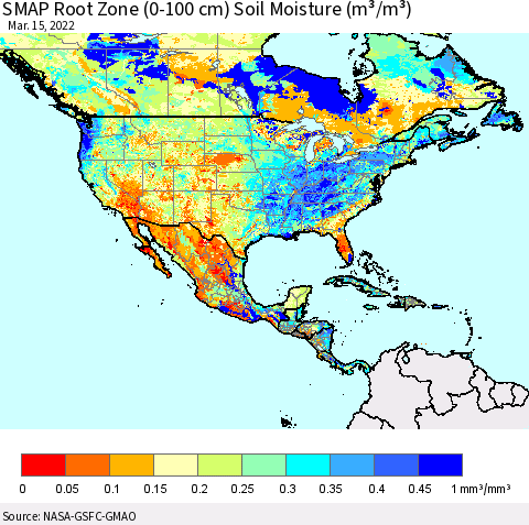 North America SMAP Root Zone (0-100 cm) Soil Moisture (m³/m³) Thematic Map For 3/11/2022 - 3/15/2022