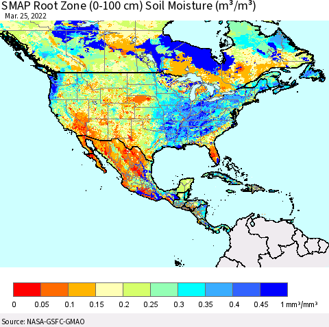 North America SMAP Root Zone (0-100 cm) Soil Moisture (m³/m³) Thematic Map For 3/21/2022 - 3/25/2022