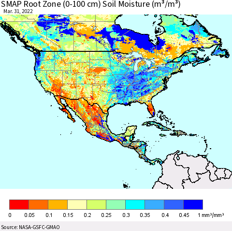 North America SMAP Root Zone (0-100 cm) Soil Moisture (m³/m³) Thematic Map For 3/26/2022 - 3/31/2022