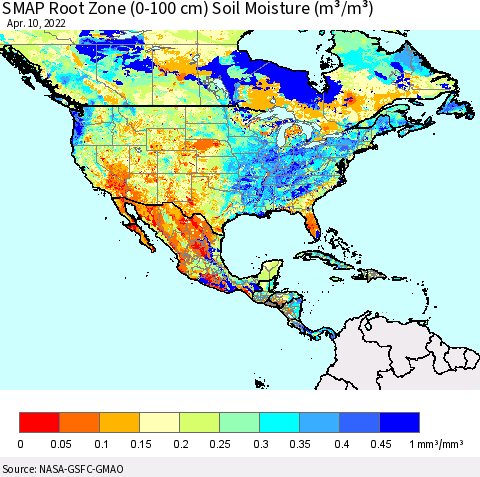 North America SMAP Root Zone (0-100 cm) Soil Moisture (m³/m³) Thematic Map For 4/6/2022 - 4/10/2022