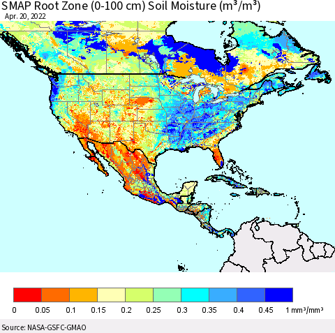 North America SMAP Root Zone (0-100 cm) Soil Moisture (m³/m³) Thematic Map For 4/16/2022 - 4/20/2022