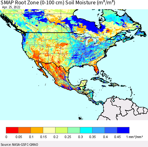 North America SMAP Root Zone (0-100 cm) Soil Moisture (m³/m³) Thematic Map For 4/21/2022 - 4/25/2022