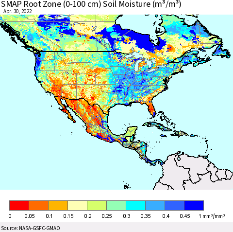 North America SMAP Root Zone (0-100 cm) Soil Moisture (m³/m³) Thematic Map For 4/26/2022 - 4/30/2022