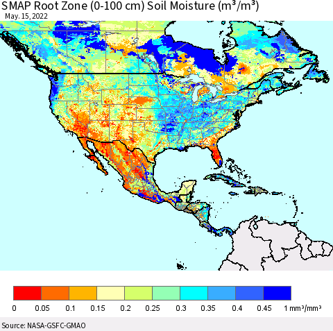 North America SMAP Root Zone (0-100 cm) Soil Moisture (m³/m³) Thematic Map For 5/11/2022 - 5/15/2022