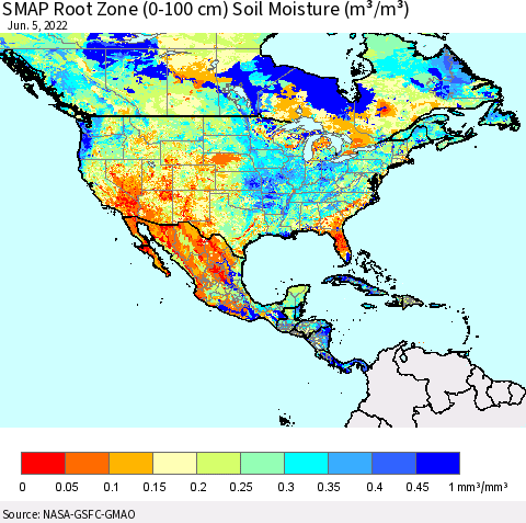 North America SMAP Root Zone (0-100 cm) Soil Moisture (m³/m³) Thematic Map For 6/1/2022 - 6/5/2022