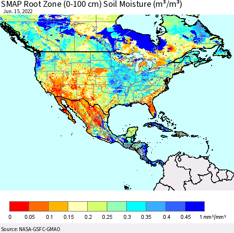 North America SMAP Root Zone (0-100 cm) Soil Moisture (m³/m³) Thematic Map For 6/11/2022 - 6/15/2022