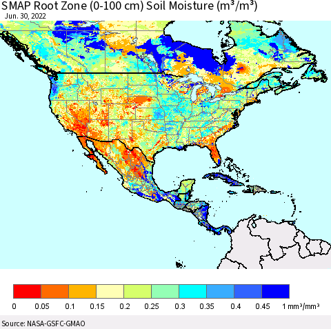 North America SMAP Root Zone (0-100 cm) Soil Moisture (m³/m³) Thematic Map For 6/26/2022 - 6/30/2022