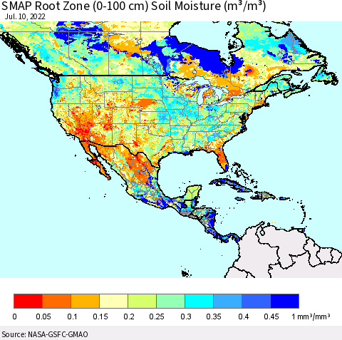 North America SMAP Root Zone (0-100 cm) Soil Moisture (m³/m³) Thematic Map For 7/6/2022 - 7/10/2022