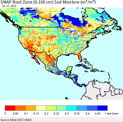 North America SMAP Root Zone (0-100 cm) Soil Moisture (m³/m³) Thematic Map For 7/11/2022 - 7/15/2022