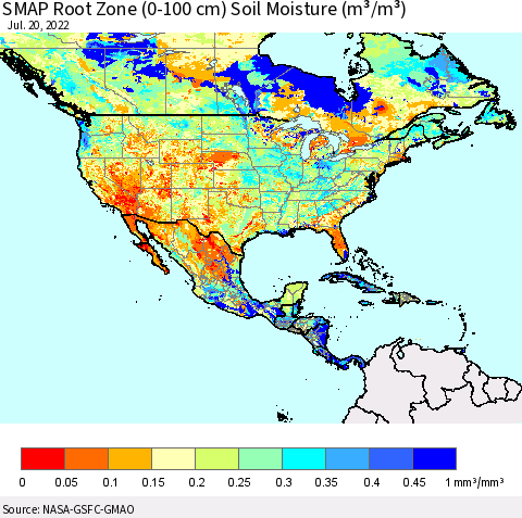 North America SMAP Root Zone (0-100 cm) Soil Moisture (m³/m³) Thematic Map For 7/16/2022 - 7/20/2022