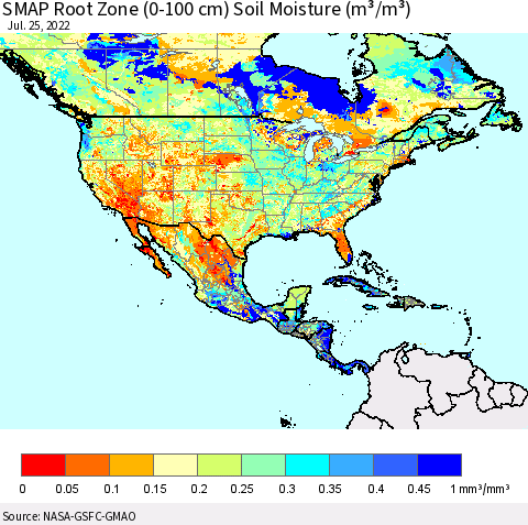 North America SMAP Root Zone (0-100 cm) Soil Moisture (m³/m³) Thematic Map For 7/21/2022 - 7/25/2022