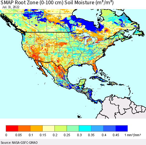 North America SMAP Root Zone (0-100 cm) Soil Moisture (m³/m³) Thematic Map For 7/26/2022 - 7/31/2022