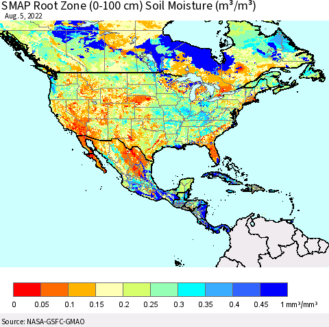 North America SMAP Root Zone (0-100 cm) Soil Moisture (m³/m³) Thematic Map For 8/1/2022 - 8/5/2022
