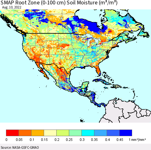 North America SMAP Root Zone (0-100 cm) Soil Moisture (m³/m³) Thematic Map For 8/6/2022 - 8/10/2022