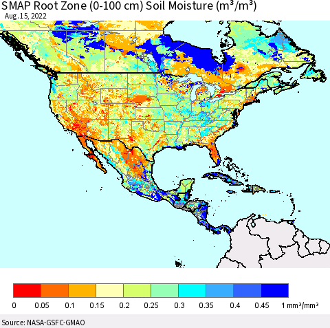 North America SMAP Root Zone (0-100 cm) Soil Moisture (m³/m³) Thematic Map For 8/11/2022 - 8/15/2022