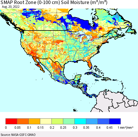 North America SMAP Root Zone (0-100 cm) Soil Moisture (m³/m³) Thematic Map For 8/16/2022 - 8/20/2022