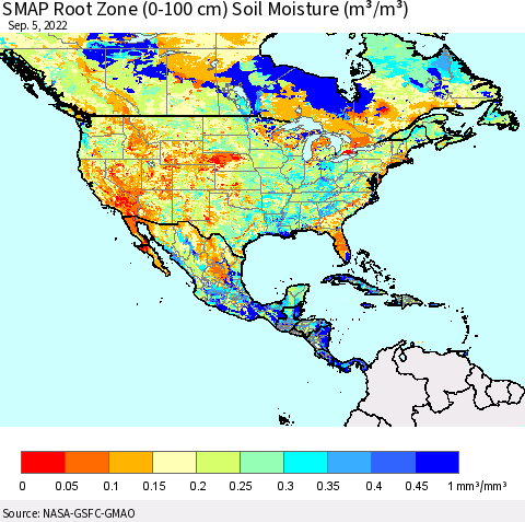 North America SMAP Root Zone (0-100 cm) Soil Moisture (m³/m³) Thematic Map For 9/1/2022 - 9/5/2022