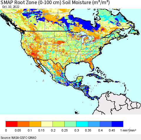North America SMAP Root Zone (0-100 cm) Soil Moisture (m³/m³) Thematic Map For 10/6/2022 - 10/10/2022