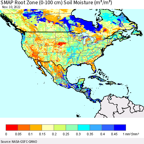 North America SMAP Root Zone (0-100 cm) Soil Moisture (m³/m³) Thematic Map For 11/6/2022 - 11/10/2022