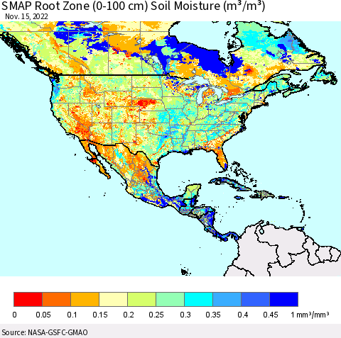North America SMAP Root Zone (0-100 cm) Soil Moisture (m³/m³) Thematic Map For 11/11/2022 - 11/15/2022