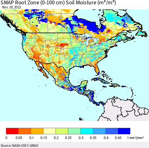 North America SMAP Root Zone (0-100 cm) Soil Moisture (m³/m³) Thematic Map For 11/16/2022 - 11/20/2022