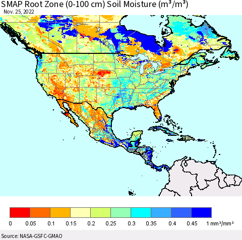 North America SMAP Root Zone (0-100 cm) Soil Moisture (m³/m³) Thematic Map For 11/21/2022 - 11/25/2022
